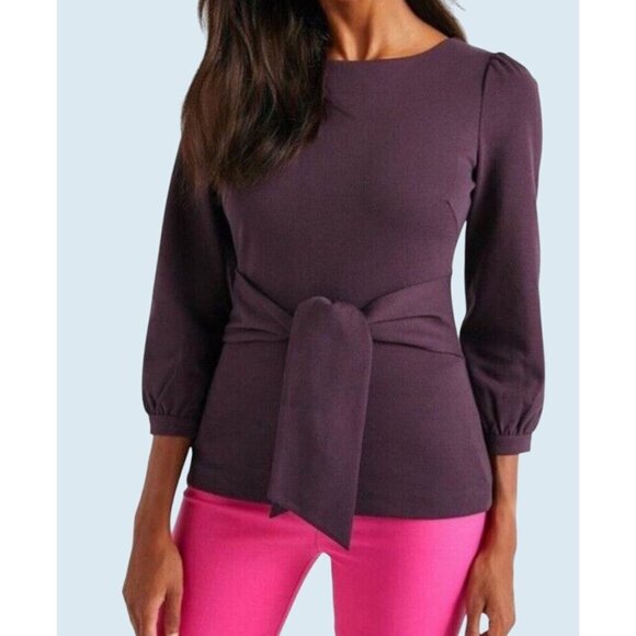 BODEN Josephine Ponte Knit Tie Front Purple Eggplant Top Shirt Sz 8 - Picture 1 of 6